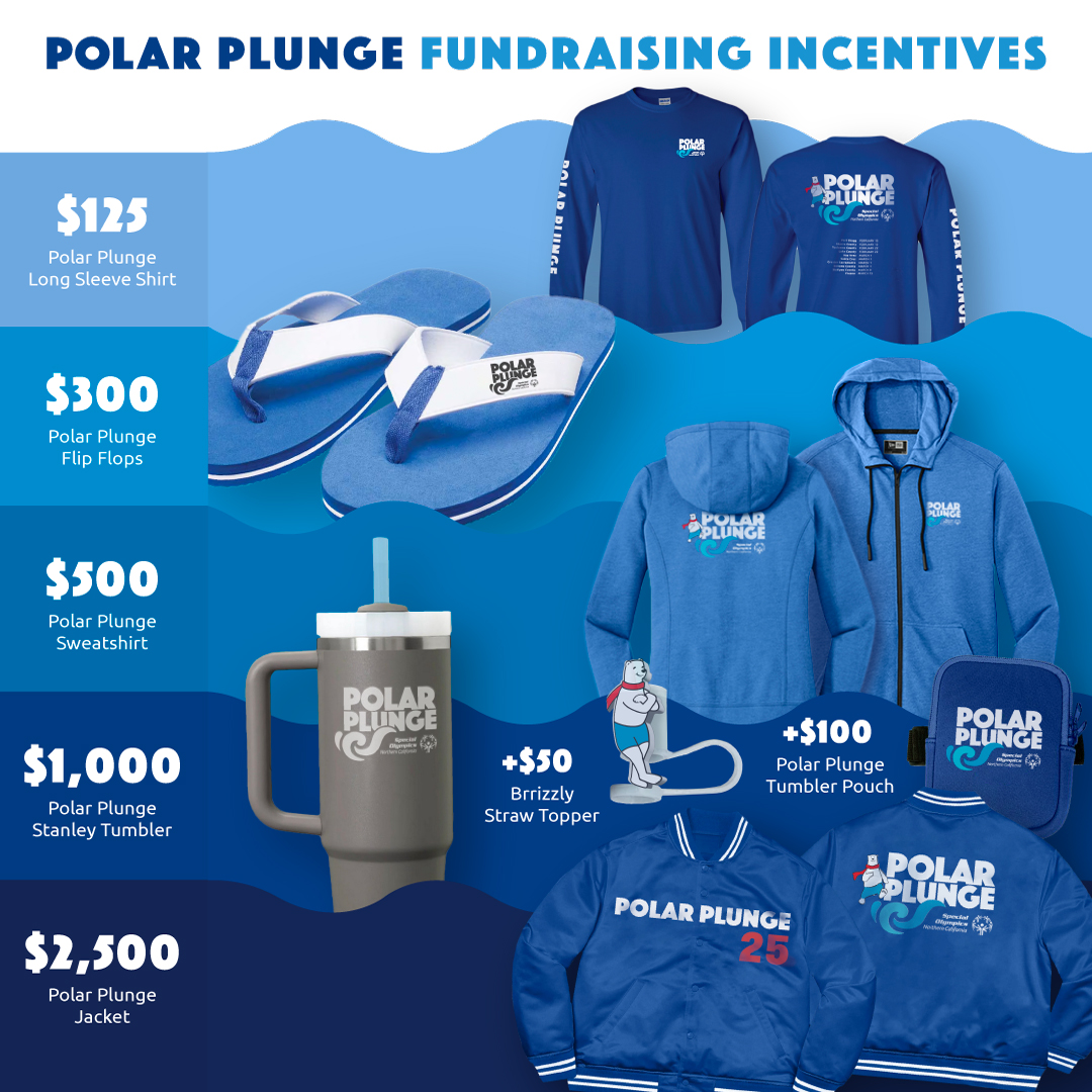 Image of incentive items that can be earned to raise funds for the Polar Plunge events.